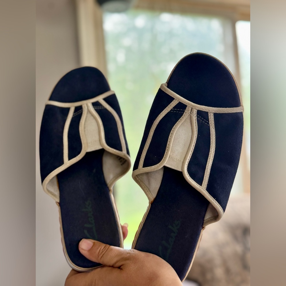 Clarks Blue and White Geometric Sandals